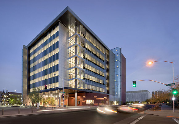 KGM-Lighting-Designer-Arizona-State-University-School-of-Earth-and-Science-Exploration-Exterior-Facade - Western facade of the office block with a double-skin metal screen to modulate the intense sun